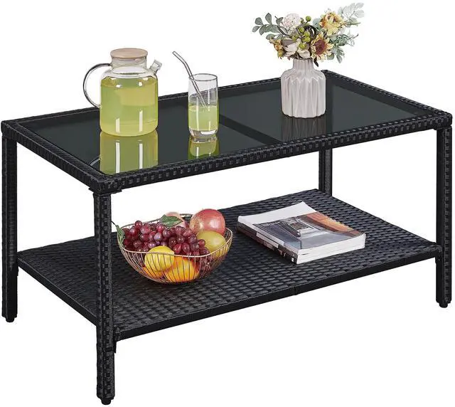 Main image of Yaheetech Outdoor Wicker Coffee Side Table, All-Weather Rattan Patio Storage Furniture with Tempered Glass Top for Garden, Black