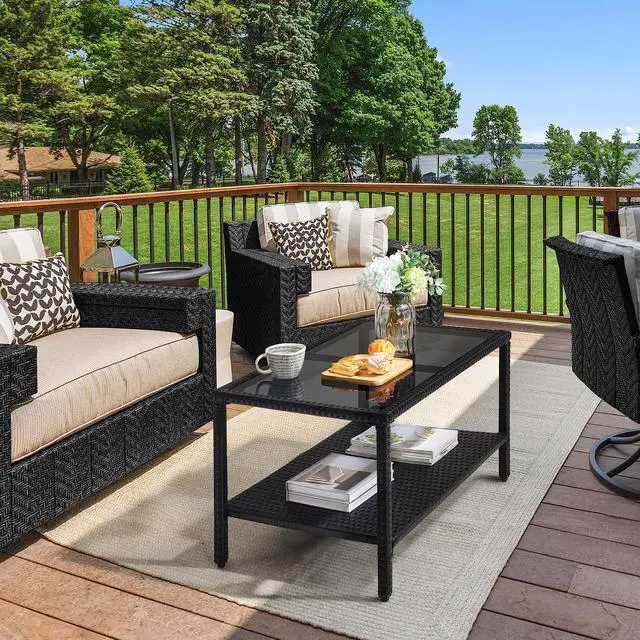 Alt view image 2 of 7 - Yaheetech Outdoor Wicker Coffee Side Table, All-Weather Rattan Patio Storage Furniture with Tempered Glass Top for Garden, Black