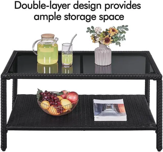 Alt view image 4 of 7 - Yaheetech Outdoor Wicker Coffee Side Table, All-Weather Rattan Patio Storage Furniture with Tempered Glass Top for Garden, Black