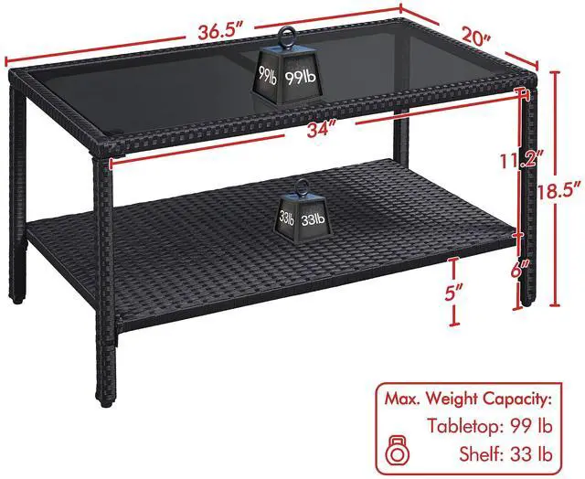 Alt view image 3 of 7 - Yaheetech Outdoor Wicker Coffee Side Table, All-Weather Rattan Patio Storage Furniture with Tempered Glass Top for Garden, Black