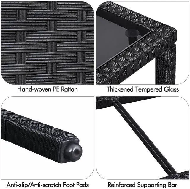 Alt view image 5 of 7 - Yaheetech Outdoor Wicker Coffee Side Table, All-Weather Rattan Patio Storage Furniture with Tempered Glass Top for Garden, Black