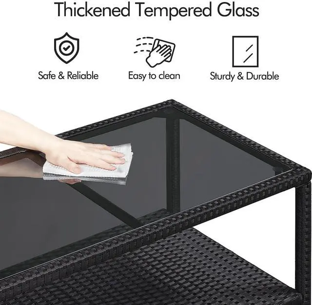 Alt view image 7 of 7 - Yaheetech Outdoor Wicker Coffee Side Table, All-Weather Rattan Patio Storage Furniture with Tempered Glass Top for Garden, Black
