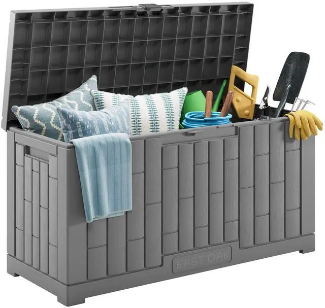 Main image of EAST OAK Outdoor Storage Box, 60 Gallon Deck Box Indoor and Outdoor Use, Waterproof Resin Storage Bin for Patio Cushions, Gardening Tools, Lockable, UV Resistant, Grey