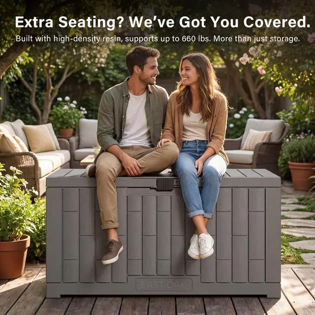 Alt view image 4 of 7 - EAST OAK Outdoor Storage Box, 60 Gallon Deck Box Indoor and Outdoor Use, Waterproof Resin Storage Bin for Patio Cushions, Gardening Tools, Lockable, UV Resistant, Grey