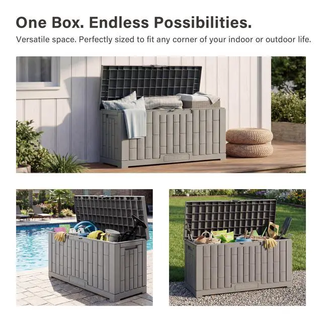 Alt view image 5 of 7 - EAST OAK Outdoor Storage Box, 60 Gallon Deck Box Indoor and Outdoor Use, Waterproof Resin Storage Bin for Patio Cushions, Gardening Tools, Lockable, UV Resistant, Grey