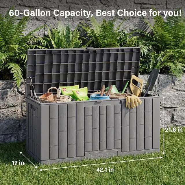 Alt view image 7 of 7 - EAST OAK Outdoor Storage Box, 60 Gallon Deck Box Indoor and Outdoor Use, Waterproof Resin Storage Bin for Patio Cushions, Gardening Tools, Lockable, UV Resistant, Grey