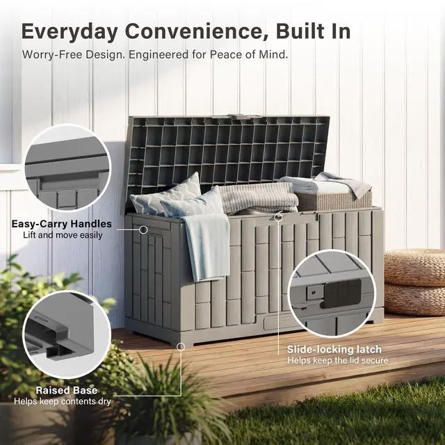 Alt view image 6 of 7 - EAST OAK Outdoor Storage Box, 60 Gallon Deck Box Indoor and Outdoor Use, Waterproof Resin Storage Bin for Patio Cushions, Gardening Tools, Lockable, UV Resistant, Grey