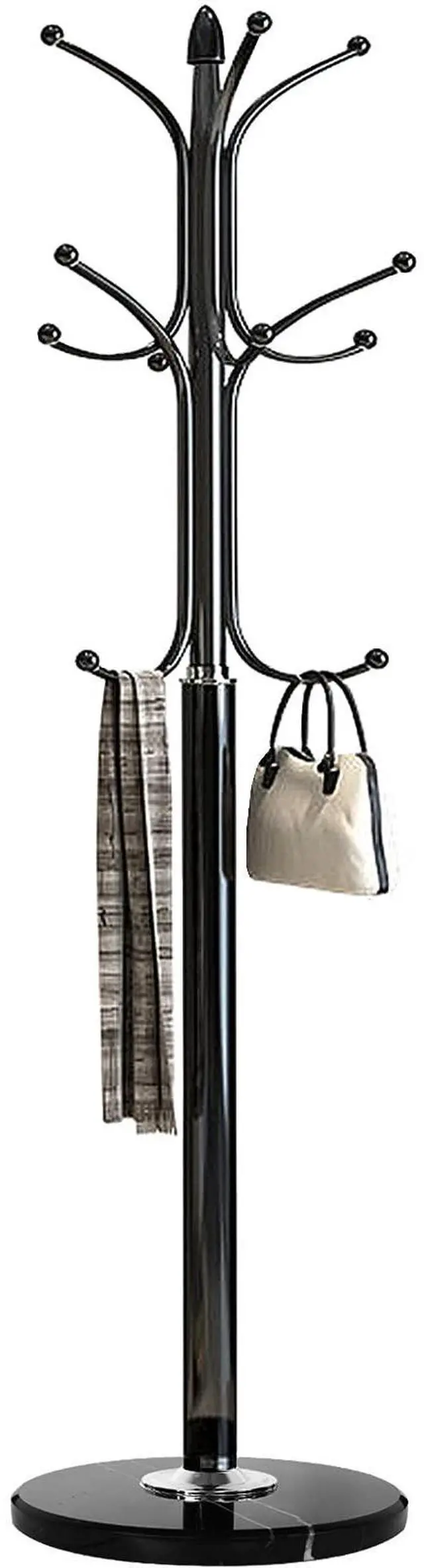 Main image of Kertnic Metal Coat Rack Stand with Big Size Marble Base, Free Standing Hall Tree with 12 Hooks for Hanging Scarf, Bag, Jacket, Home Entry-way Hat Hanger Organizer (Black)