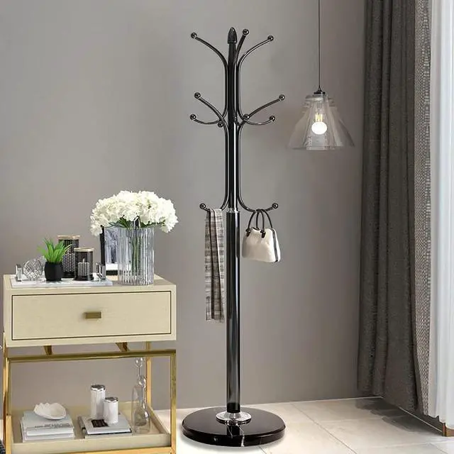Alt view image 2 of 7 - Kertnic Metal Coat Rack Stand with Big Size Marble Base, Free Standing Hall Tree with 12 Hooks for Hanging Scarf, Bag, Jacket, Home Entry-way Hat Hanger Organizer (Black)