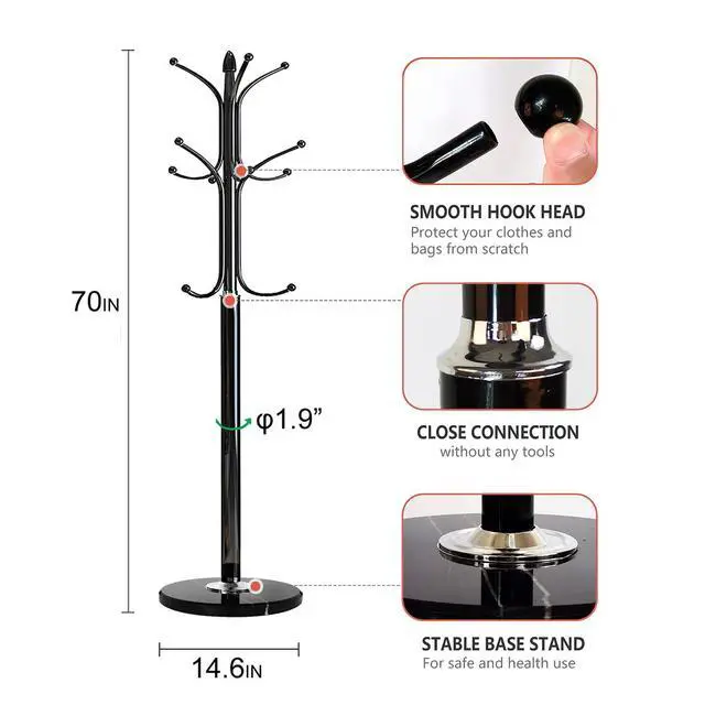 Alt view image 3 of 7 - Kertnic Metal Coat Rack Stand with Big Size Marble Base, Free Standing Hall Tree with 12 Hooks for Hanging Scarf, Bag, Jacket, Home Entry-way Hat Hanger Organizer (Black)