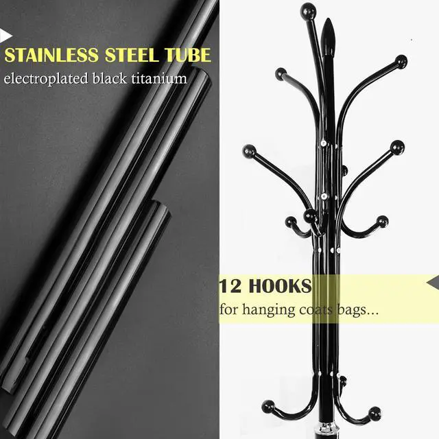 Alt view image 4 of 7 - Kertnic Metal Coat Rack Stand with Big Size Marble Base, Free Standing Hall Tree with 12 Hooks for Hanging Scarf, Bag, Jacket, Home Entry-way Hat Hanger Organizer (Black)