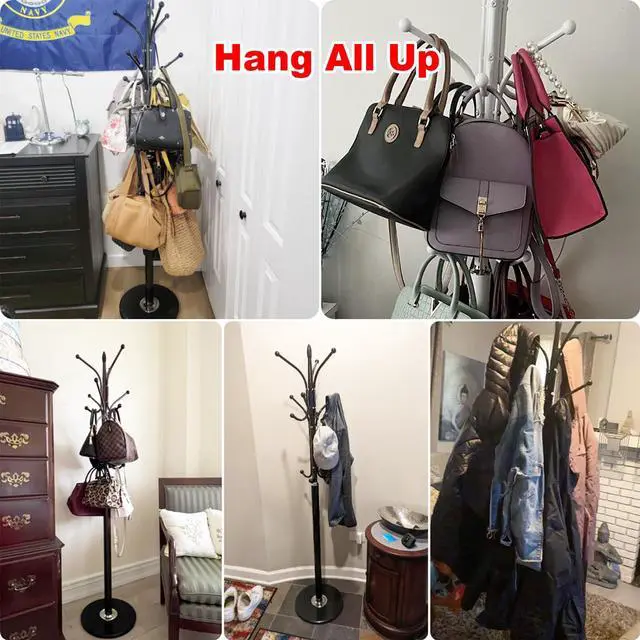 Alt view image 6 of 7 - Kertnic Metal Coat Rack Stand with Big Size Marble Base, Free Standing Hall Tree with 12 Hooks for Hanging Scarf, Bag, Jacket, Home Entry-way Hat Hanger Organizer (Black)