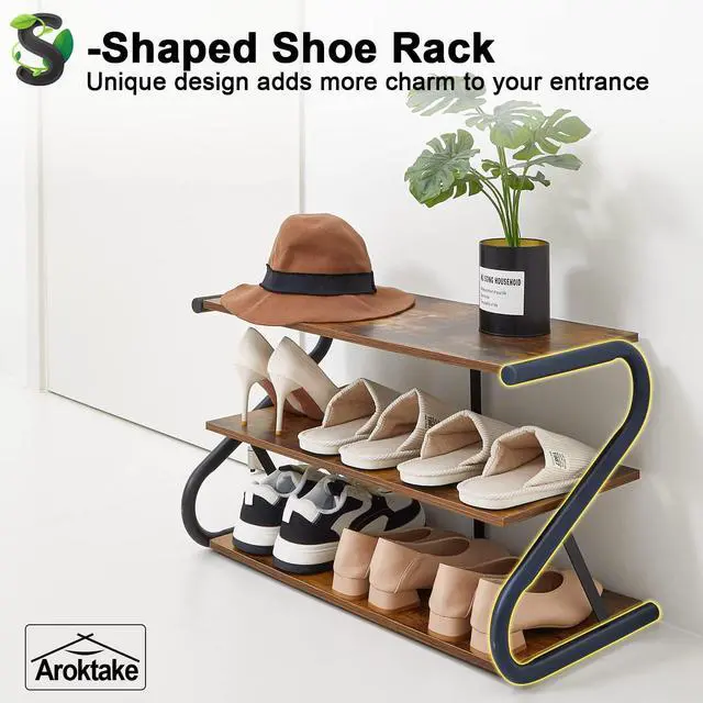 Alt view image 3 of 7 - Aroktake 3-Tier Shoe Rack, Wooden Shoe Storage with S-Shaped Heavy Duty Metal Free Standing, Shoe Organizer Shelf for Front Door Entryway, Hallway, Living Room, Closet, Bedroom (Black & Rustic Brown)