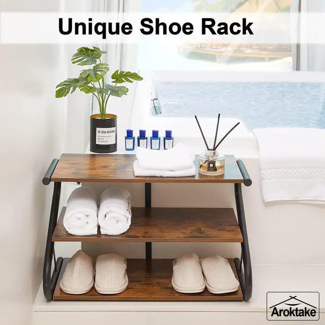 Alt view image 4 of 7 - Aroktake 3-Tier Shoe Rack, Wooden Shoe Storage with S-Shaped Heavy Duty Metal Free Standing, Shoe Organizer Shelf for Front Door Entryway, Hallway, Living Room, Closet, Bedroom (Black & Rustic Brown)