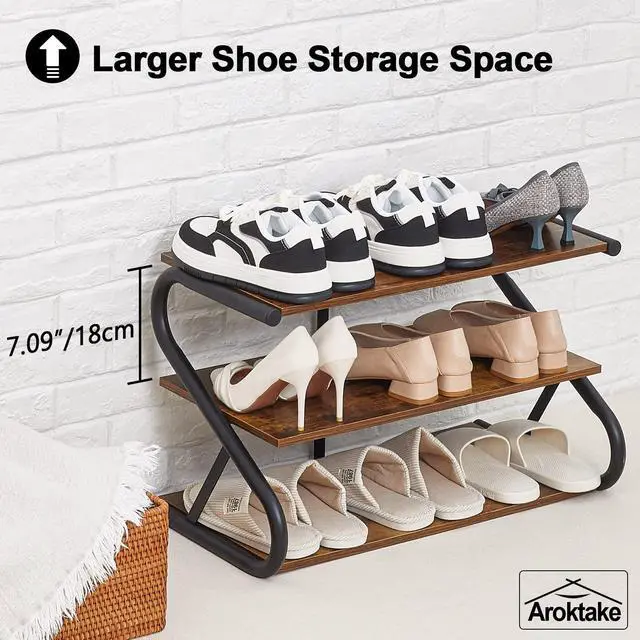 Alt view image 6 of 7 - Aroktake 3-Tier Shoe Rack, Wooden Shoe Storage with S-Shaped Heavy Duty Metal Free Standing, Shoe Organizer Shelf for Front Door Entryway, Hallway, Living Room, Closet, Bedroom (Black & Rustic Brown)