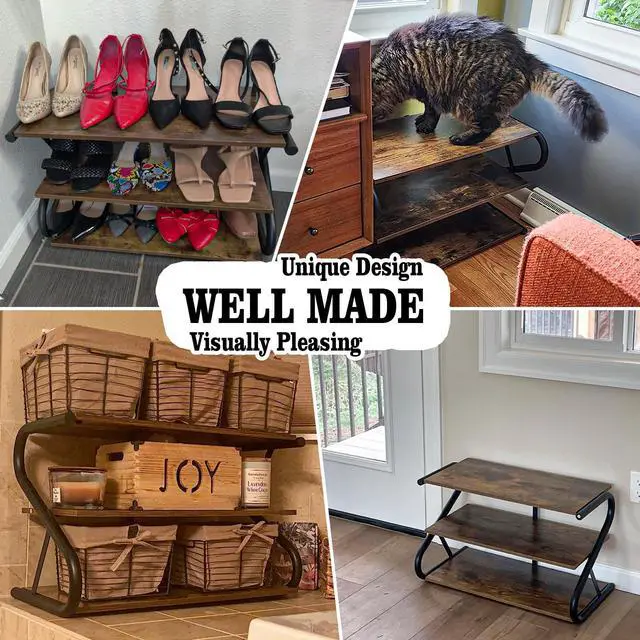 Alt view image 7 of 7 - Aroktake 3-Tier Shoe Rack, Wooden Shoe Storage with S-Shaped Heavy Duty Metal Free Standing, Shoe Organizer Shelf for Front Door Entryway, Hallway, Living Room, Closet, Bedroom (Black & Rustic Brown)