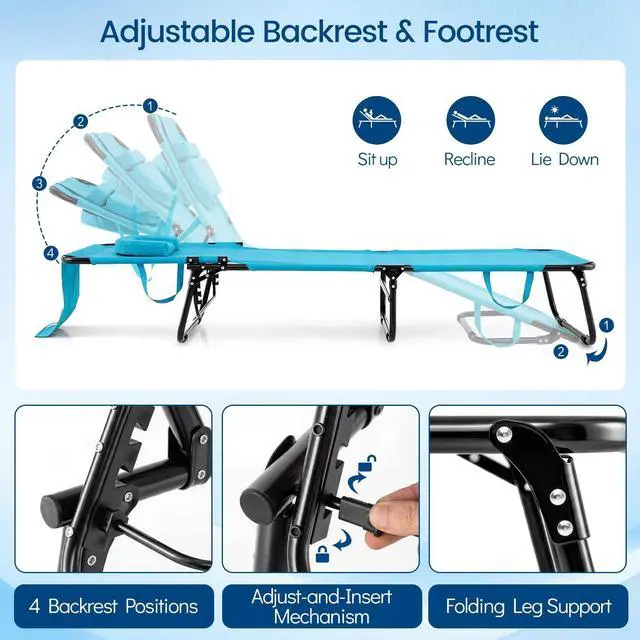Alt view image 2 of 7 - Goplus Tanning Chair, Folding Beach Lounge Chair with Face &Arm Hole, Position Adjustable,Removable Pillow,Side Pocket, Sunbathing Chair, Portable Outdoor Lounge Chair for Patio Pool