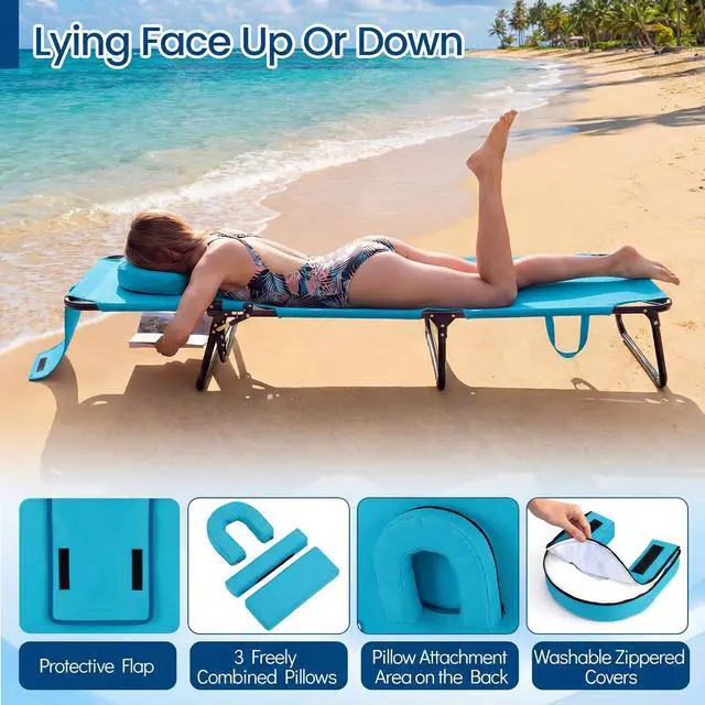 Alt view image 3 of 7 - Goplus Tanning Chair, Folding Beach Lounge Chair with Face &Arm Hole, Position Adjustable,Removable Pillow,Side Pocket, Sunbathing Chair, Portable Outdoor Lounge Chair for Patio Pool