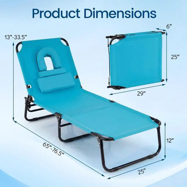 Alt view image 5 of 7 - Goplus Tanning Chair, Folding Beach Lounge Chair with Face &Arm Hole, Position Adjustable,Removable Pillow,Side Pocket, Sunbathing Chair, Portable Outdoor Lounge Chair for Patio Pool