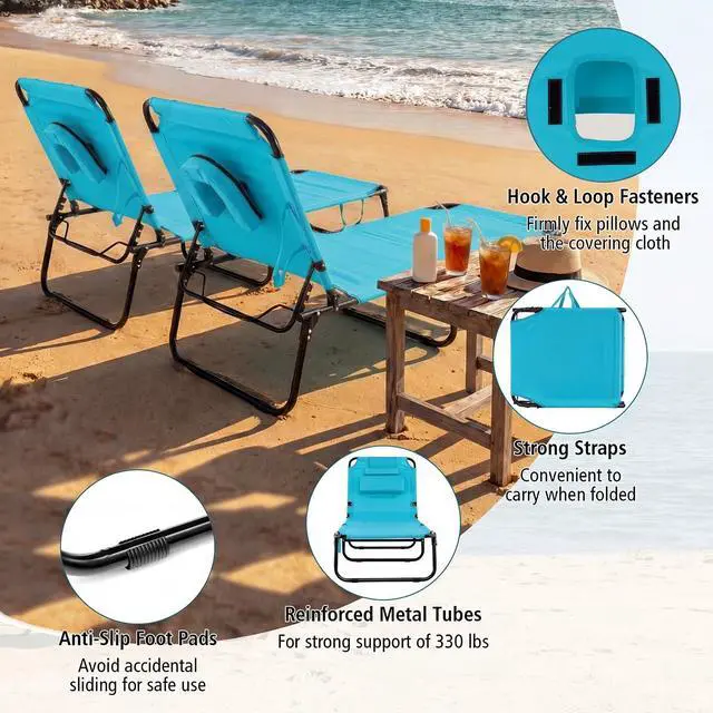 Alt view image 6 of 7 - Goplus Tanning Chair, Folding Beach Lounge Chair with Face &Arm Hole, Position Adjustable,Removable Pillow,Side Pocket, Sunbathing Chair, Portable Outdoor Lounge Chair for Patio Pool