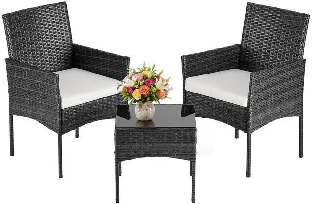 Main image of DUMOS 3-Piece Patio Furniture Set, All-Weather Outdoor Wicker Chairs with Removable Cushions & Tempered Glass Table, Small Bistro Set for Porch, Balcony, Lawn, Backyard, Black