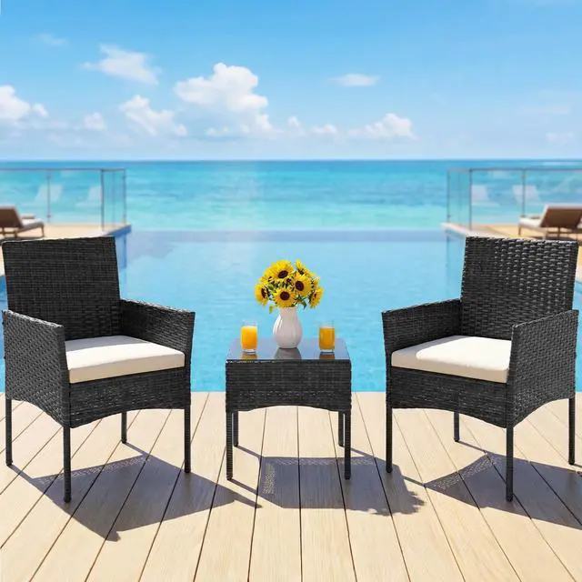 Alt view image 2 of 7 - DUMOS 3-Piece Patio Furniture Set, All-Weather Outdoor Wicker Chairs with Removable Cushions & Tempered Glass Table, Small Bistro Set for Porch, Balcony, Lawn, Backyard, Black