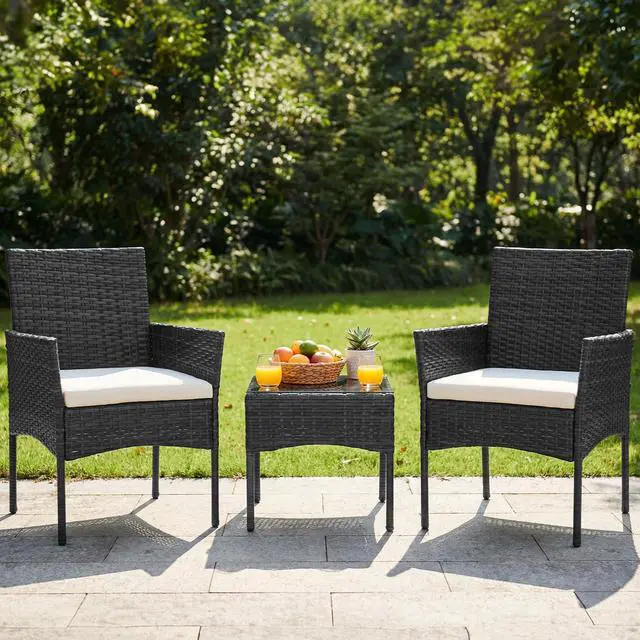 Alt view image 3 of 7 - DUMOS 3-Piece Patio Furniture Set, All-Weather Outdoor Wicker Chairs with Removable Cushions & Tempered Glass Table, Small Bistro Set for Porch, Balcony, Lawn, Backyard, Black