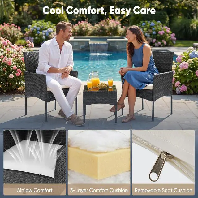 Alt view image 4 of 7 - DUMOS 3-Piece Patio Furniture Set, All-Weather Outdoor Wicker Chairs with Removable Cushions & Tempered Glass Table, Small Bistro Set for Porch, Balcony, Lawn, Backyard, Black