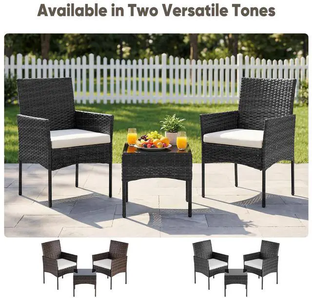 Alt view image 6 of 7 - DUMOS 3-Piece Patio Furniture Set, All-Weather Outdoor Wicker Chairs with Removable Cushions & Tempered Glass Table, Small Bistro Set for Porch, Balcony, Lawn, Backyard, Black