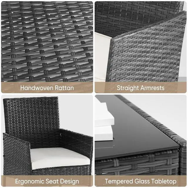 Alt view image 5 of 7 - DUMOS 3-Piece Patio Furniture Set, All-Weather Outdoor Wicker Chairs with Removable Cushions & Tempered Glass Table, Small Bistro Set for Porch, Balcony, Lawn, Backyard, Black