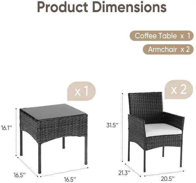 Alt view image 7 of 7 - DUMOS 3-Piece Patio Furniture Set, All-Weather Outdoor Wicker Chairs with Removable Cushions & Tempered Glass Table, Small Bistro Set for Porch, Balcony, Lawn, Backyard, Black