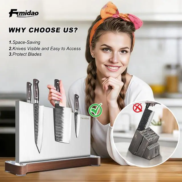 Alt view image 4 of 7 - Fomidao Magnetic Knife Holder Stand,Large Double Sided Magnetic Knife Block WIthout Knives Stainless Steel Magnet Kitchen Knife Holder Strong Magnetic Knife Rack Storage With Three Magnet Strip