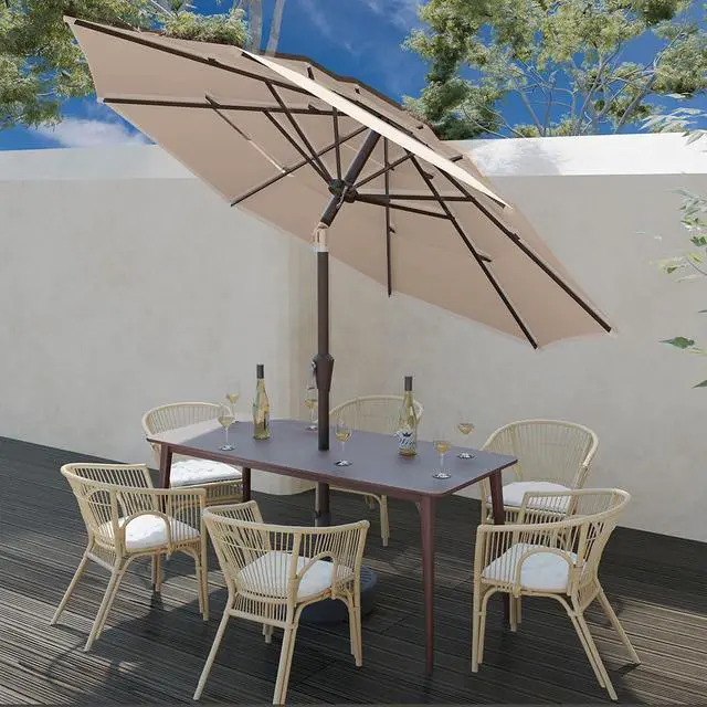 Alt view image 2 of 7 - Patio Kingdom 10FT Patio Umbrella 3 Tiers Outdoor Market Umbrella w/Push Button Tilt, Crank, UV and Waterproof Table Umbrella for Garden, Pool, Backyard, Deck, Lawn, Beige