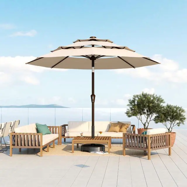 Alt view image 7 of 7 - Patio Kingdom 10FT Patio Umbrella 3 Tiers Outdoor Market Umbrella w/Push Button Tilt, Crank, UV and Waterproof Table Umbrella for Garden, Pool, Backyard, Deck, Lawn, Beige