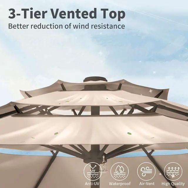 Alt view image 3 of 7 - Patio Kingdom 10FT Patio Umbrella 3 Tiers Outdoor Market Umbrella w/Push Button Tilt, Crank, UV and Waterproof Table Umbrella for Garden, Pool, Backyard, Deck, Lawn, Beige