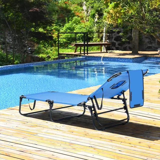 Alt view image 2 of 7 - GYMAX Tanning Chair, 330lbs Beach Lounge Chair with Face Hole, Washable Pillow & Carry Strap, Adjustable Folding Chaise Lounge, Layout Lounger for Outside, Patio, Poolside, Lawn (1, Blue)