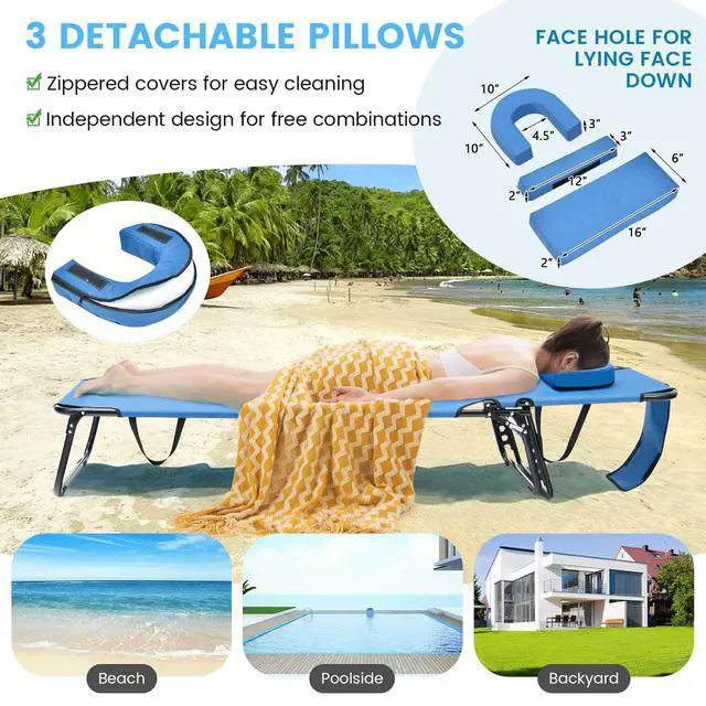 Alt view image 3 of 7 - GYMAX Tanning Chair, 330lbs Beach Lounge Chair with Face Hole, Washable Pillow & Carry Strap, Adjustable Folding Chaise Lounge, Layout Lounger for Outside, Patio, Poolside, Lawn (1, Blue)
