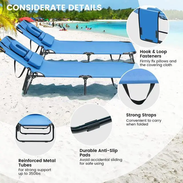Alt view image 5 of 7 - GYMAX Tanning Chair, 330lbs Beach Lounge Chair with Face Hole, Washable Pillow & Carry Strap, Adjustable Folding Chaise Lounge, Layout Lounger for Outside, Patio, Poolside, Lawn (1, Blue)