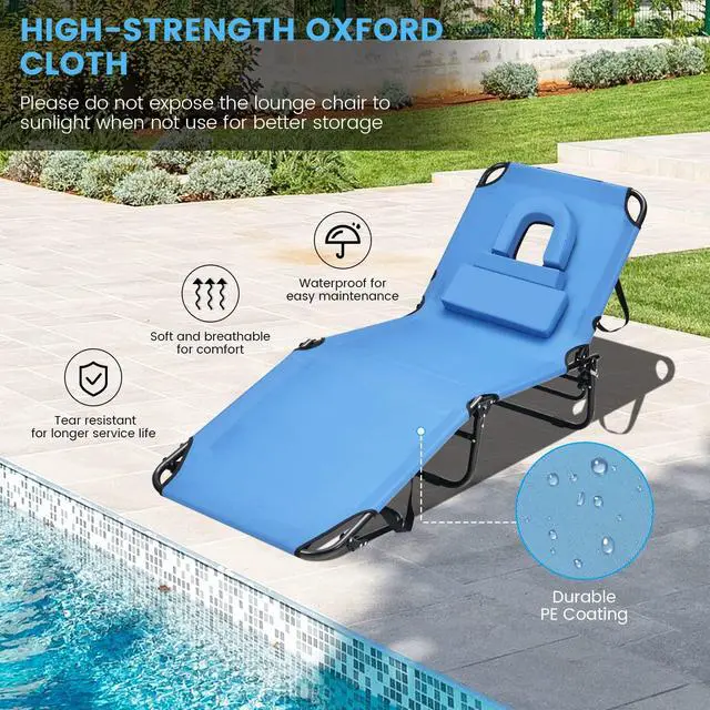 Alt view image 4 of 7 - GYMAX Tanning Chair, 330lbs Beach Lounge Chair with Face Hole, Washable Pillow & Carry Strap, Adjustable Folding Chaise Lounge, Layout Lounger for Outside, Patio, Poolside, Lawn (1, Blue)
