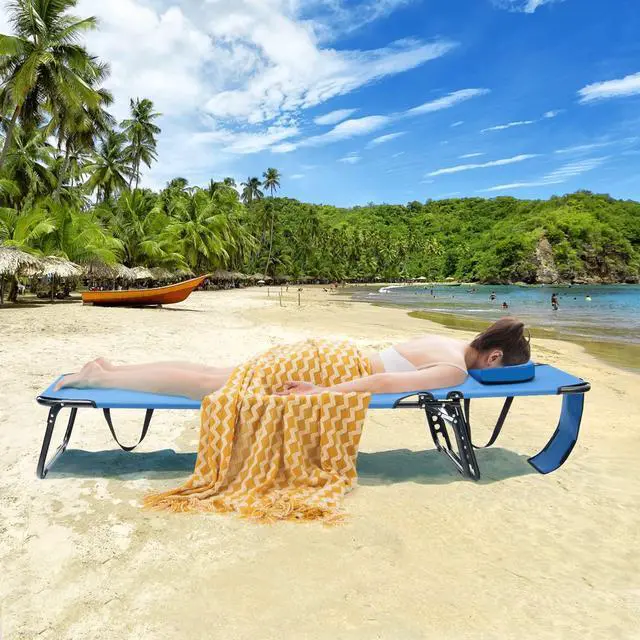 Alt view image 7 of 7 - GYMAX Tanning Chair, 330lbs Beach Lounge Chair with Face Hole, Washable Pillow & Carry Strap, Adjustable Folding Chaise Lounge, Layout Lounger for Outside, Patio, Poolside, Lawn (1, Blue)