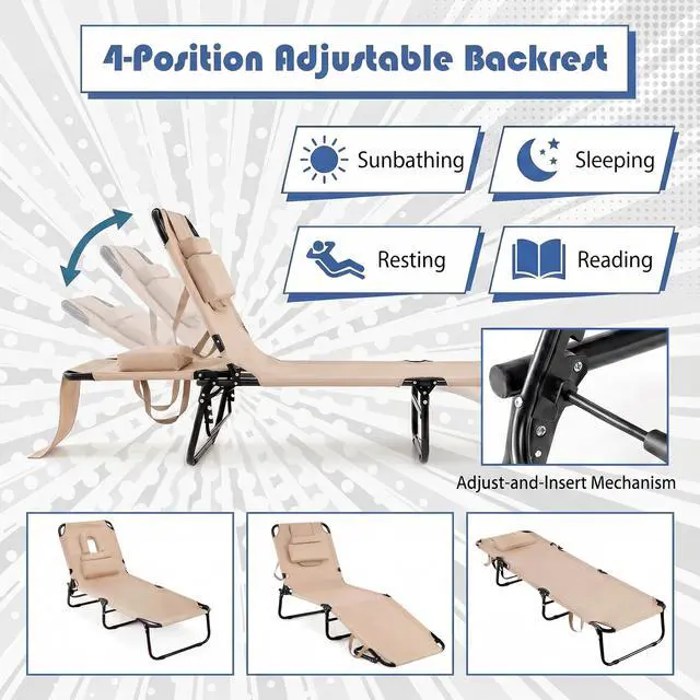 Alt view image 2 of 7 - Goplus Tanning Chair, Folding Beach Lounge Chair with Face Hole, Removable Pillow, Carry Strap, Position Adjustable, Sunbathing Chair, Portable Outside Lounge Chair for Patio Pool