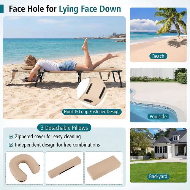 Alt view image 3 of 7 - Goplus Tanning Chair, Folding Beach Lounge Chair with Face Hole, Removable Pillow, Carry Strap, Position Adjustable, Sunbathing Chair, Portable Outside Lounge Chair for Patio Pool
