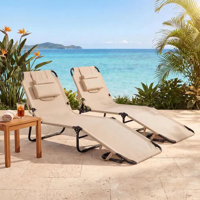 Alt view image 7 of 7 - Goplus Tanning Chair, Folding Beach Lounge Chair with Face Hole, Removable Pillow, Carry Strap, Position Adjustable, Sunbathing Chair, Portable Outside Lounge Chair for Patio Pool