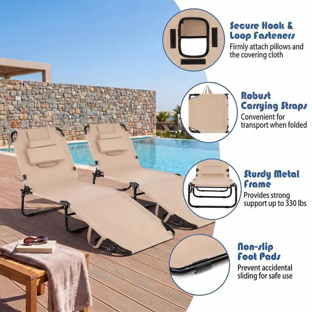 Alt view image 5 of 7 - Goplus Tanning Chair, Folding Beach Lounge Chair with Face Hole, Removable Pillow, Carry Strap, Position Adjustable, Sunbathing Chair, Portable Outside Lounge Chair for Patio Pool
