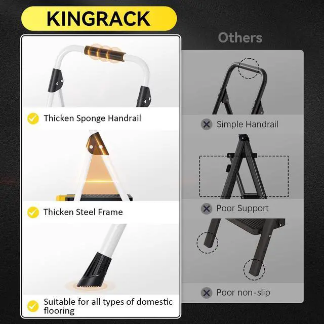 Alt view image 5 of 7 - KINGRACK 4 Step Folding Ladder, 800lbs Capacity Step Stool with Safety Lock, Non-Skid Wide Pedals, and Handrail, Lightweight, Household Ladder for Home, Kitchen, Pantry, Closets, and Office Use, White