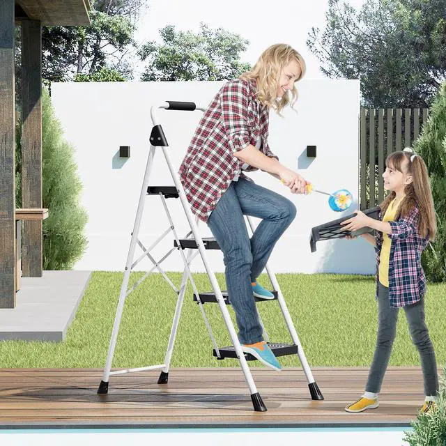 Alt view image 7 of 7 - KINGRACK 4 Step Folding Ladder, 800lbs Capacity Step Stool with Safety Lock, Non-Skid Wide Pedals, and Handrail, Lightweight, Household Ladder for Home, Kitchen, Pantry, Closets, and Office Use, White