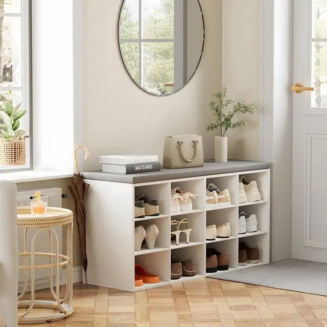 Alt view image 3 of 7 - Aenuert 12-Cubby Shoe Rack with Cushion, 3-Tier Wood Shoe Organizer, Multifunctional Shoe Organizer Bench for Entryway, Mudroom, Hallway, Closet,36.22 * 11.81 * 17.7 Inch, White