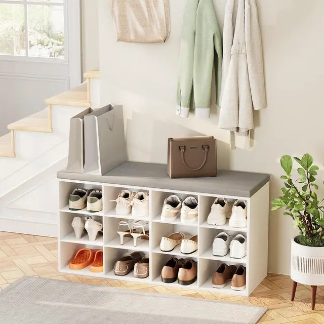 Alt view image 5 of 7 - Aenuert 12-Cubby Shoe Rack with Cushion, 3-Tier Wood Shoe Organizer, Multifunctional Shoe Organizer Bench for Entryway, Mudroom, Hallway, Closet,36.22 * 11.81 * 17.7 Inch, White