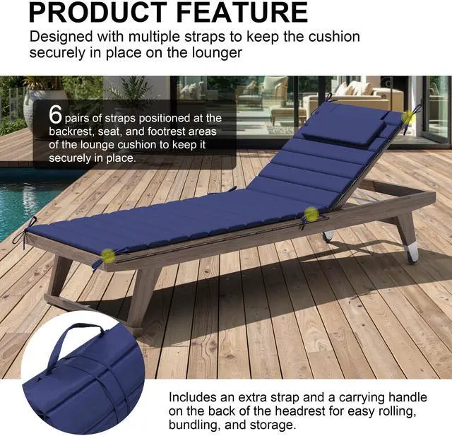 Alt view image 6 of 7 - Crestlive Products Chaise Lounge Cushion Outdoor Set of 2, Foldable Waterproof Pool Lounge Chair Cushions with Straps, Lounger Cushions for Outdoor Furniture 71''Lx21''W (Navy)