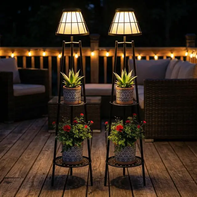 Main image of 2 Pack Solar Floor Lamps Outdoor with 2-Tier Plant Stand, Metal Tall Planter Holder with Waterproof LED Lantern, Decorative Patio Light & Flower Pot Display Rack for Garden, Deck, Porch, Balcony